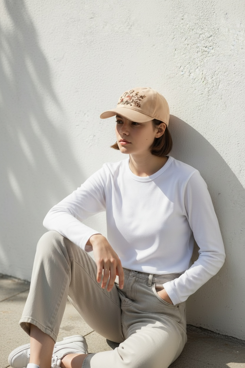 Person wearing a beige cap and white long-sleeve shirt sitting against a white wall.