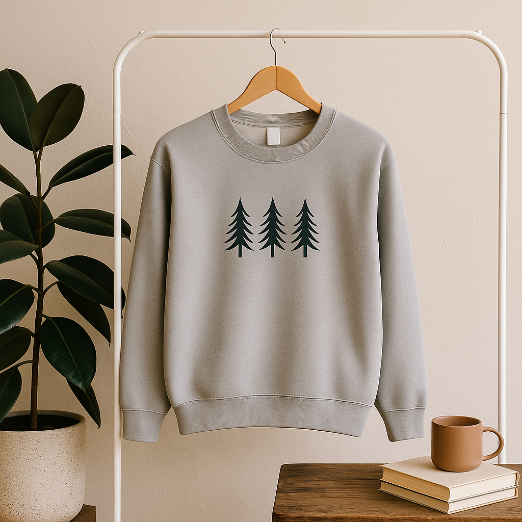 Gray sweatshirt with tree design on a hanger against a neutral background