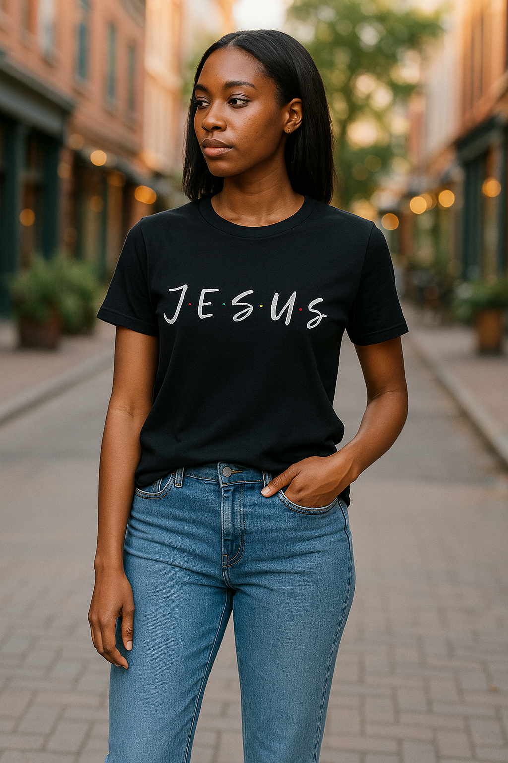 Person wearing a black t-shirt with 'JESUS' text on a street.