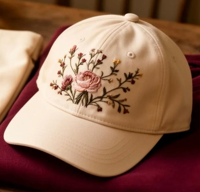 Beige cap with floral embroidery on a burgandy surface