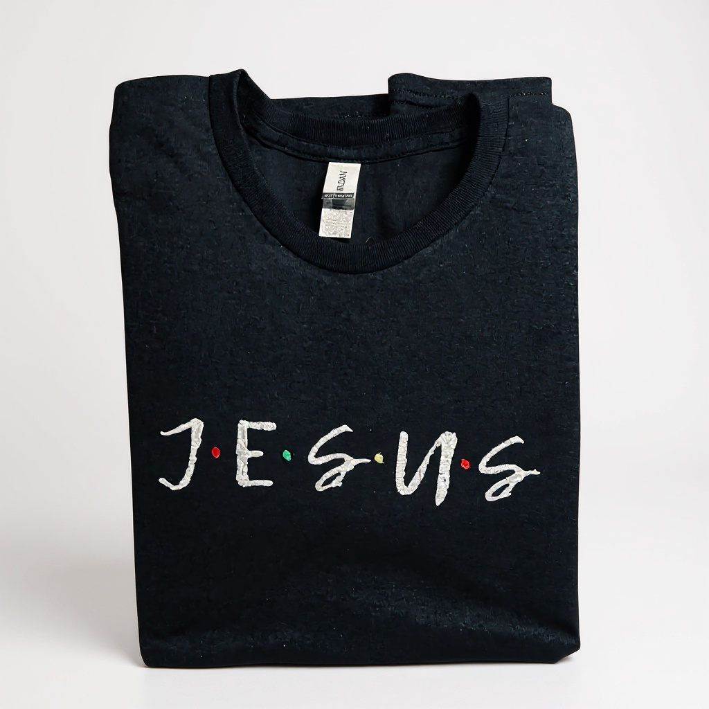 Folded black t-shirt with 'Jesus' printed on it against a white background