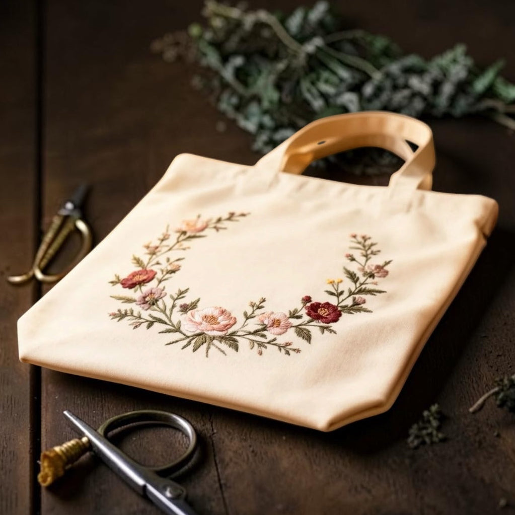 Beige tote bag with floral embroidery on a wooden surface with scissors and greenery.