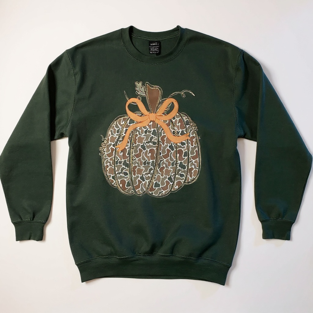 Green sweatshirt with a pumpkin design on a white background