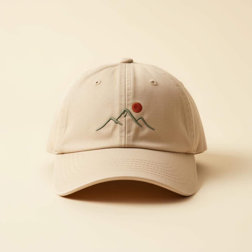 Beige cap with embroidered design on a beige background
