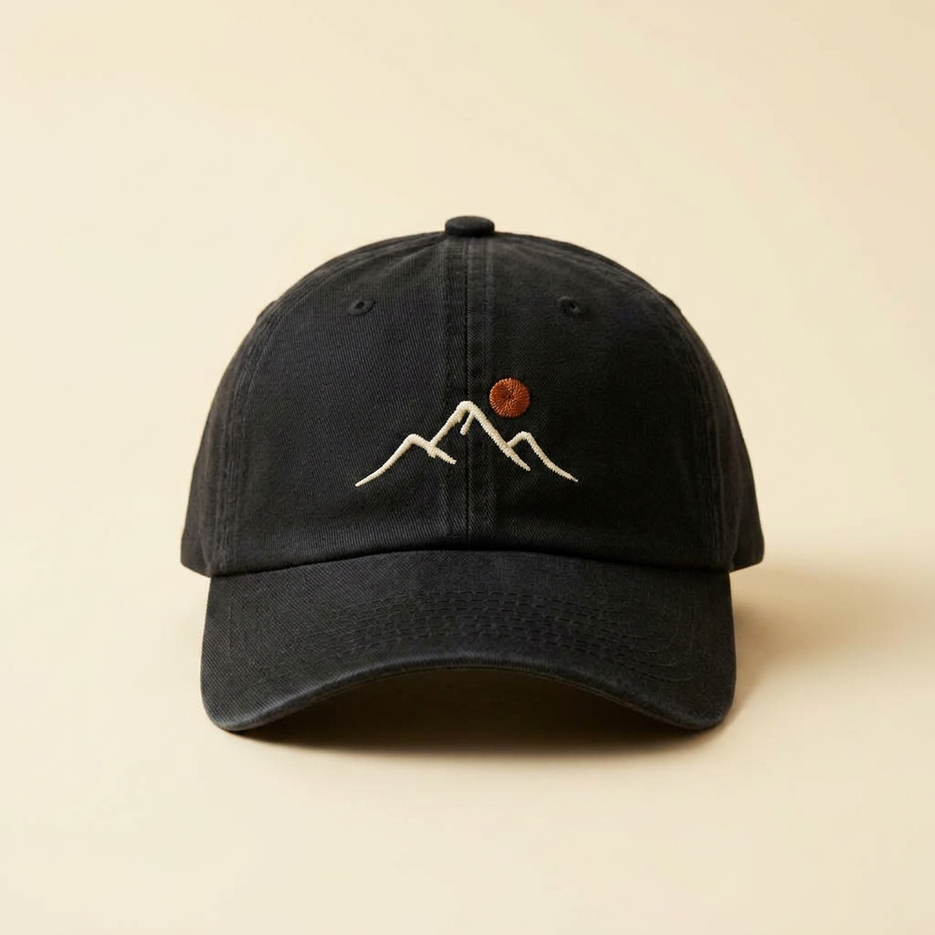 Black baseball cap with mountain design on a beige background