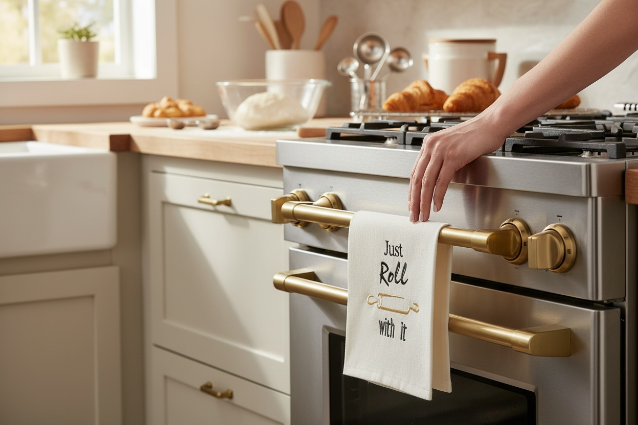 Kitchen scene with a hand reaching for an oven handle, holding a towel with text.