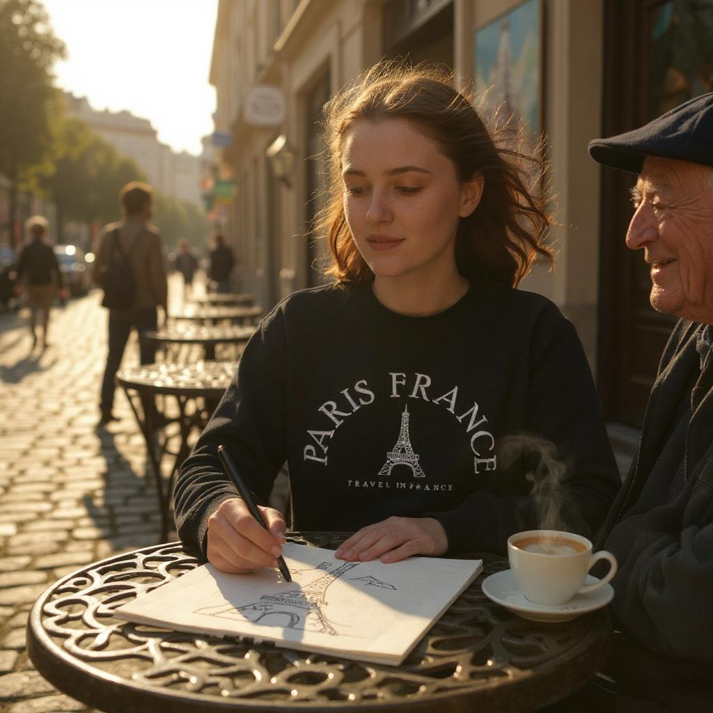 Woman in a 'Paris France' sweatshirt drawing outdoors with a man, surrounded by city street elements.