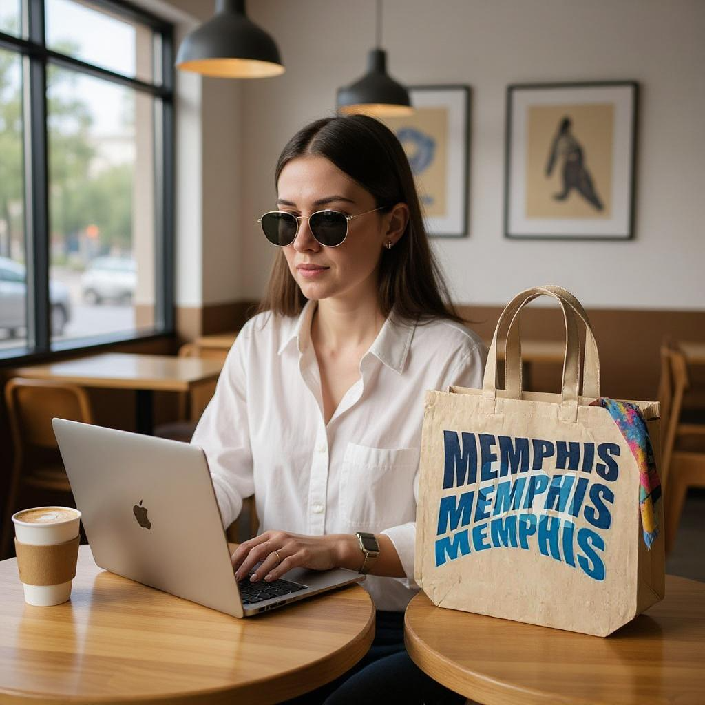 Woman using a laptop in a cafe with a 'Memphis' tote bag on the table.