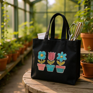 Black tote bag with floral designs on a wooden table in a greenhouse setting