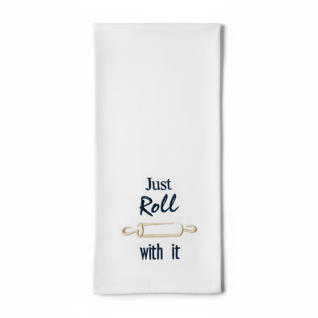 White towel with 'Just Roll with It' text and rolling pin graphic on a white background